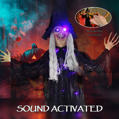 183 cm Life Size Halloween Animated Hanging Witch with Glowing LED Eyes & Body, Spooky Witch Scary Halloween Decorations