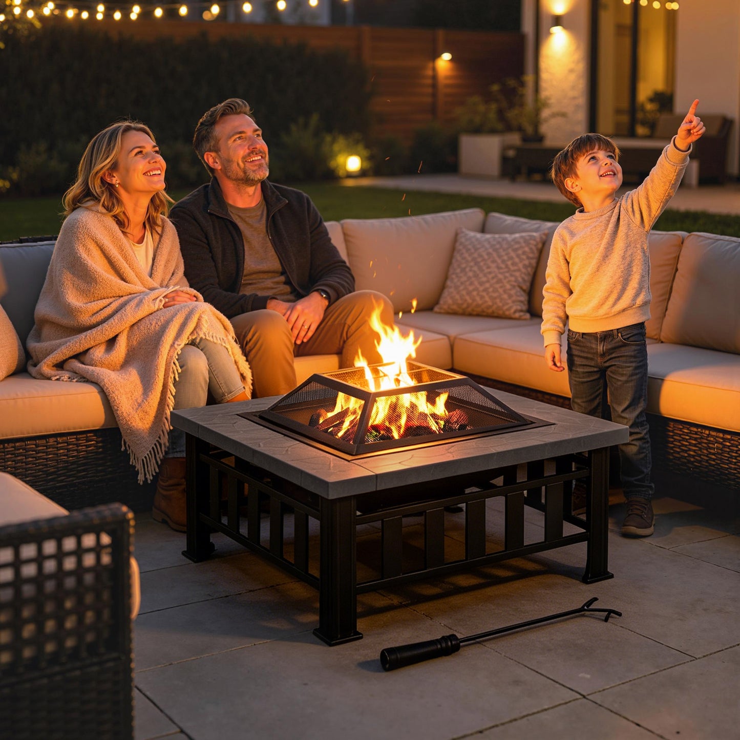 Metal Large Firepit Outdoor Square Fire Pit Brazier with Rain Cover, Lid, Log Grate, Poker for Backyard, Camping, BBQ