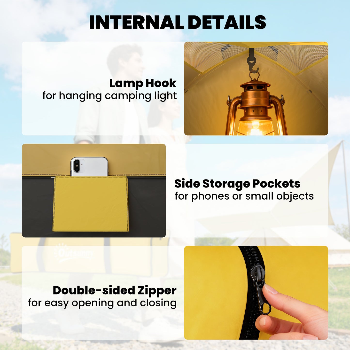 2 Person Camping Tent, Dome Tent with Zipped Doors, Storage Pocket, Portable Handy Bag, Yellow