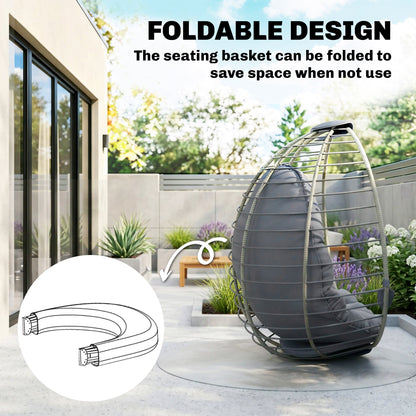 PE Rattan Swing Chair, Outdoor Hanging Chair with Metal Stand, Thick Padded Cushion, Foldable Basket and Cup Holder