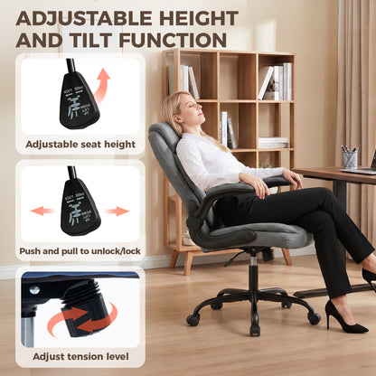 Linen-Look Computer Desk Chair, Executive Office Chair with Flip-Up Armrests and Thick Cushion, Grey