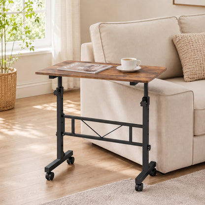 Overbed Table Adjustable Height Sofa Side Table with Wheels 80 x 40 cm Rustic Brown Black