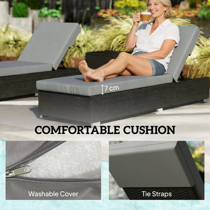 Rattan Sun Loungers Set of 2 with Side Table, Garden Recliner Sunbeds with Adjustable Back, Cushions, Dark Grey