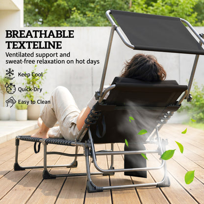 Folding Sun Loungers Set of 2 with Canopy, Reclining Sunbed with Cushion, Side Pocket, Carrying Handle, Light Grey