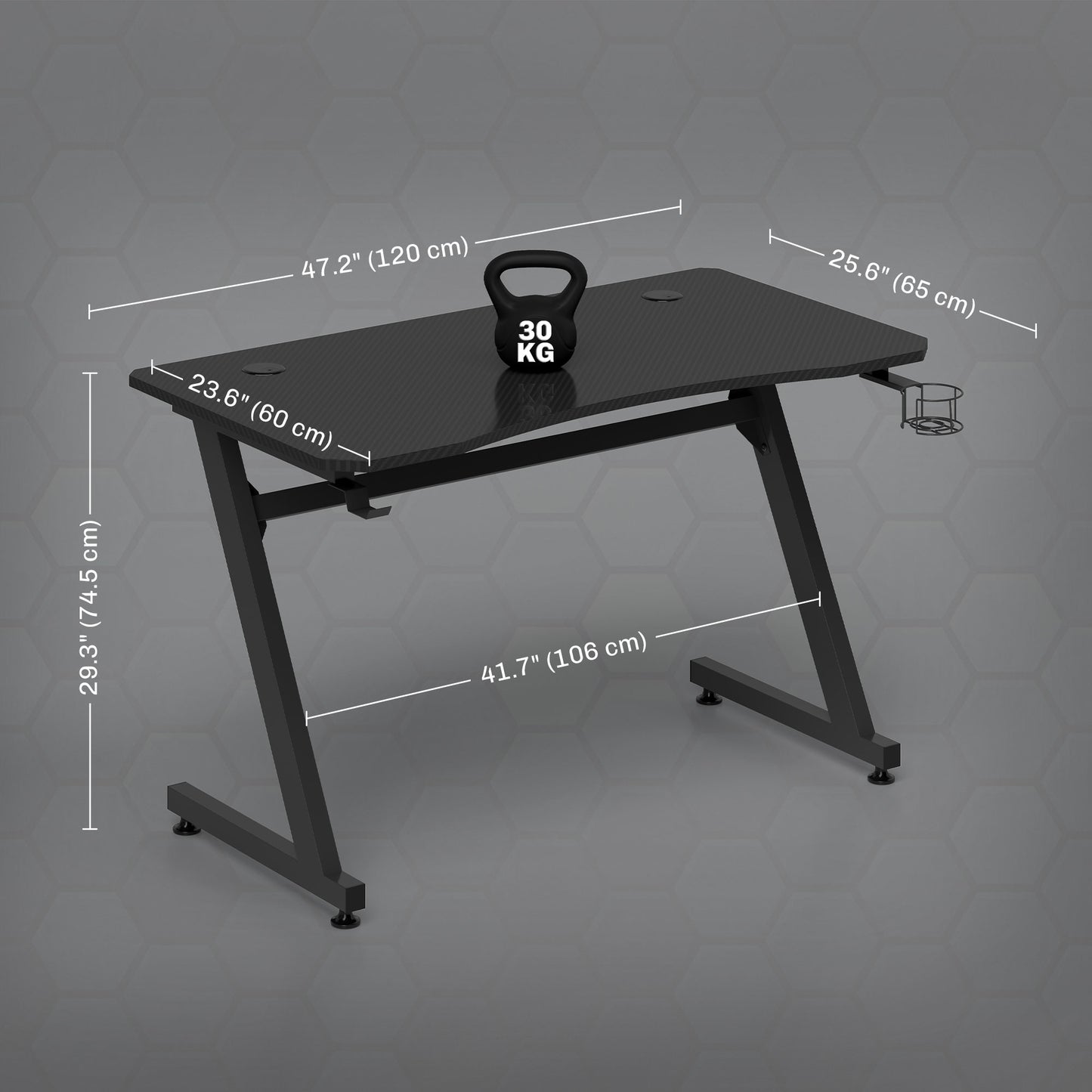 Gaming Desk 120 x 65 cm Steel Frame with Cup Holder, Headphone Hook, Adjustable Feet and Cable Organiser