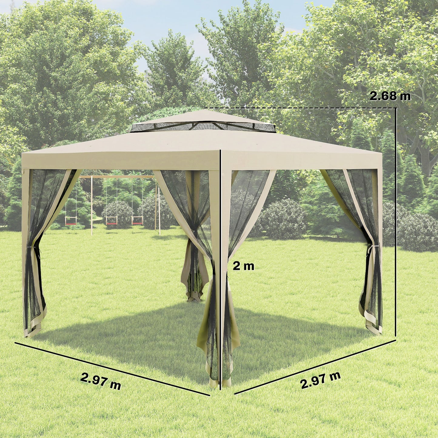 3 x 3 m Gazebo, Netting Party Tent, Patio Canopy Outdoor Event Shelter with Double Tier Roof, Beige