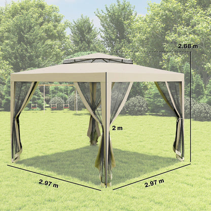 3 x 3 m Gazebo, Netting Party Tent, Patio Canopy Outdoor Event Shelter with Double Tier Roof, Beige
