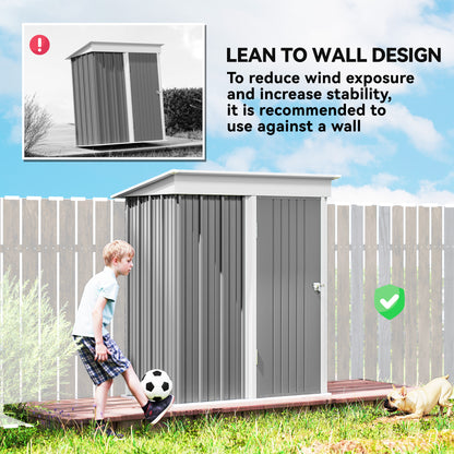 Metal Garden Shed, Outdoor Lean-to Shed for Tool Motor Bike, with Adjustable Shelf, Lock, Gloves, 5'x3'x6', Grey