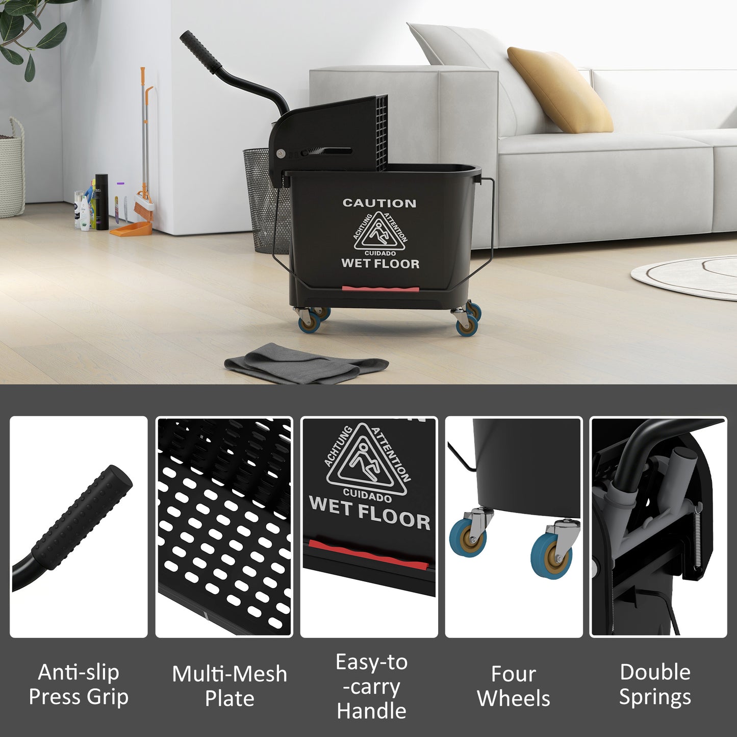 20L Compact Mop Bucket on Wheels, with Water Separation Panel - Black
