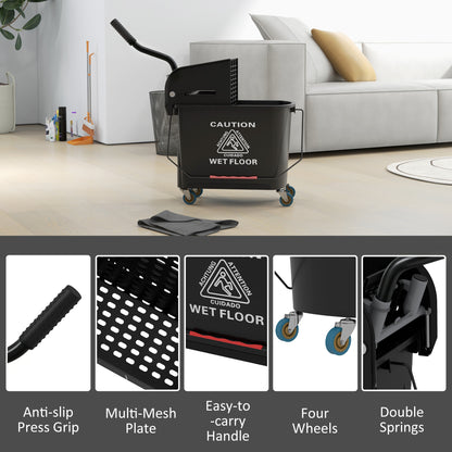 20L Compact Mop Bucket on Wheels, with Water Separation Panel - Black