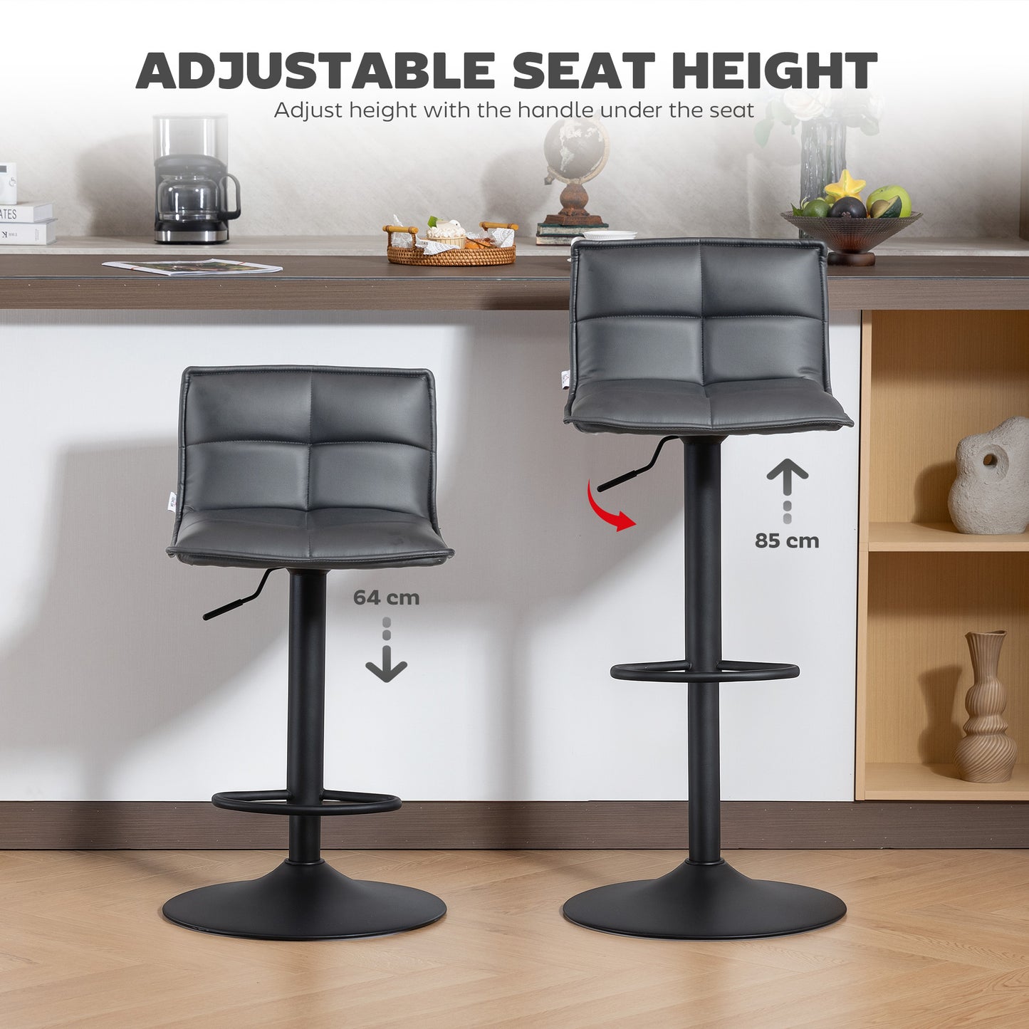 Set of Two Modern Faux Leather Bar Stools - Dark Grey