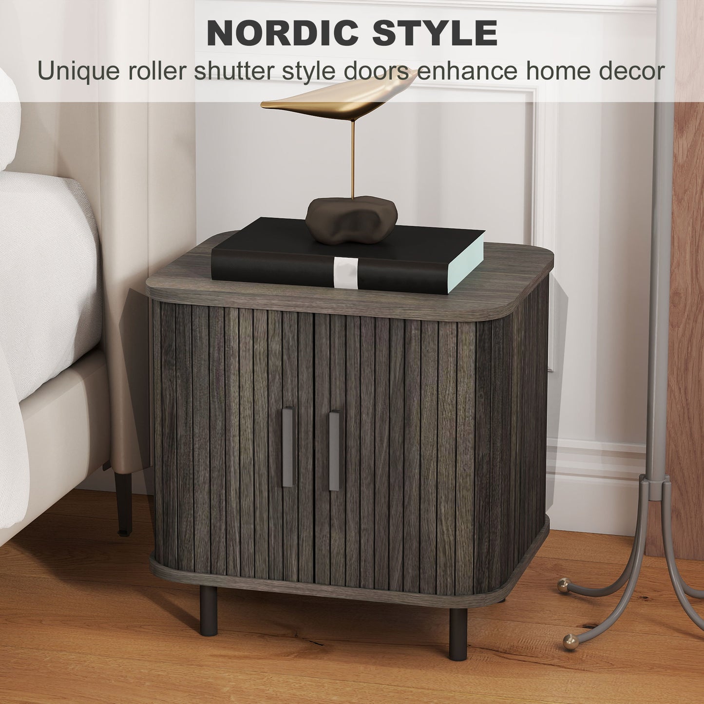 Nightstand with Sliding Doors and Metal Legs Grey