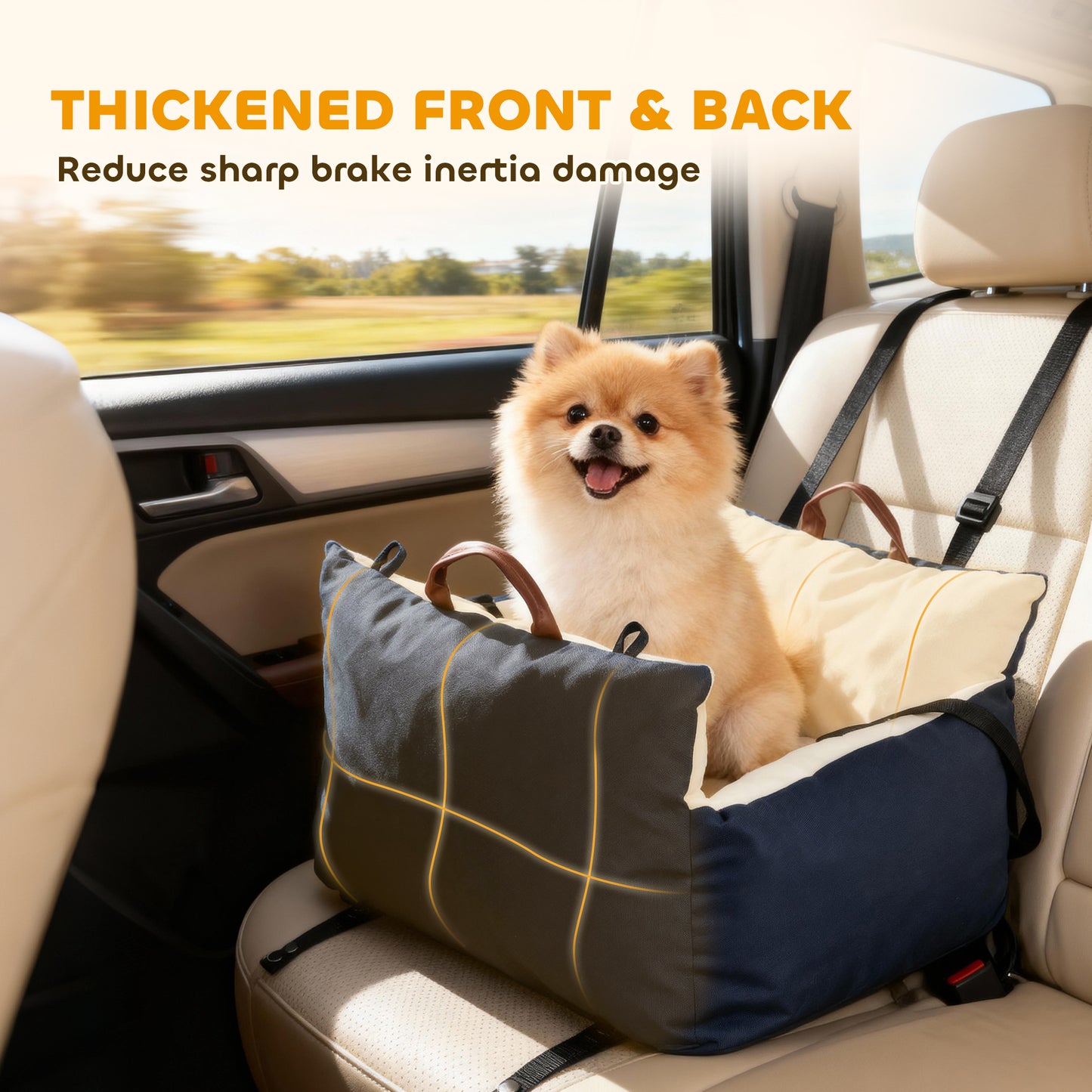 Dog Car Seat, Cosy Pet Car Booster Seat for Small Dog Under 5 KG, Portable Travel Bed with Safety Belts, Navy Blue