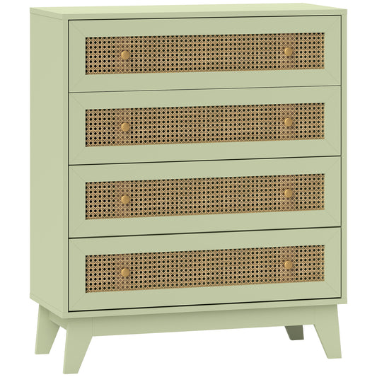 Rattan Chest of Drawers, 4 Drawer Storage Unit with Tapered Legs, Bedroom Storage Organiser Dresser for Bedside, Entryway