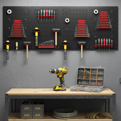 38 Pcs Wall-Mounted Pegboard with 4 Boards, Garage Tool Storage Unit Black and Red