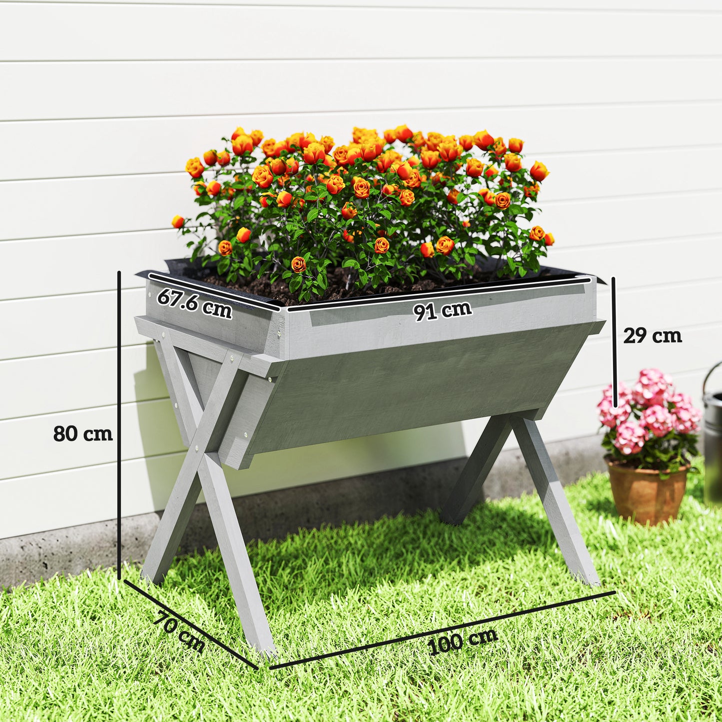 Wooden Raised Garden Bed with Bed Liner, Elevated Planter Box with Legs, Light Grey