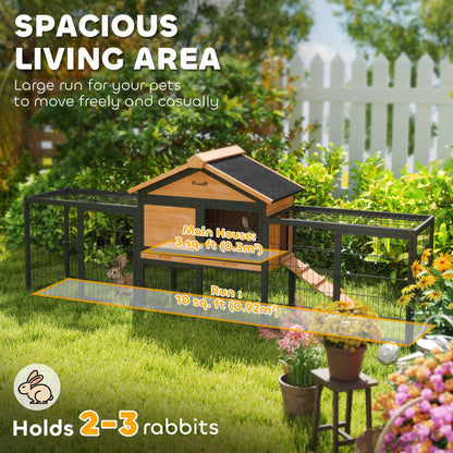 Wooden Rabbit Hutch Outdoor with Steel Run, Wooden Guinea Pig Cage with Removable Plastic Tray, Asphalt Roof, Ramp