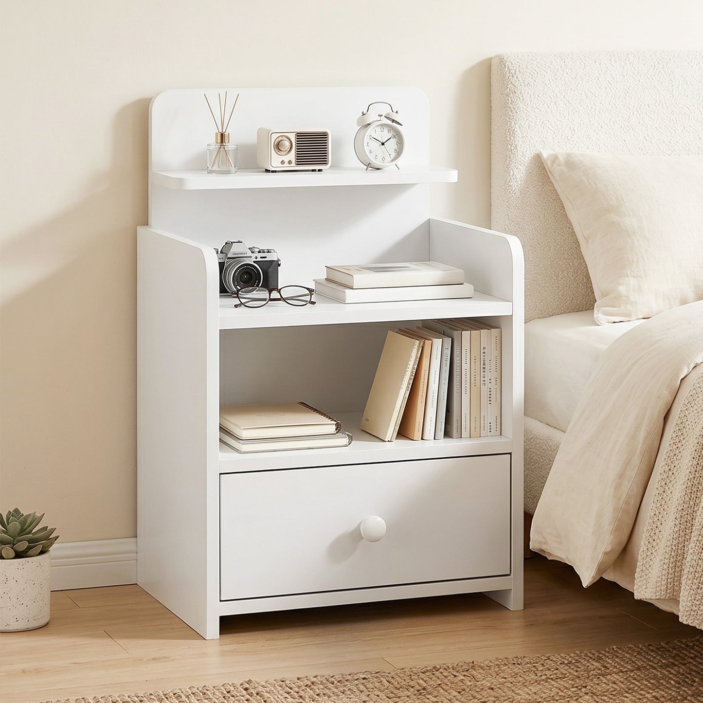 Bedside Cabinet, Bedside Table with Drawer and Shelf for Living Room, White
