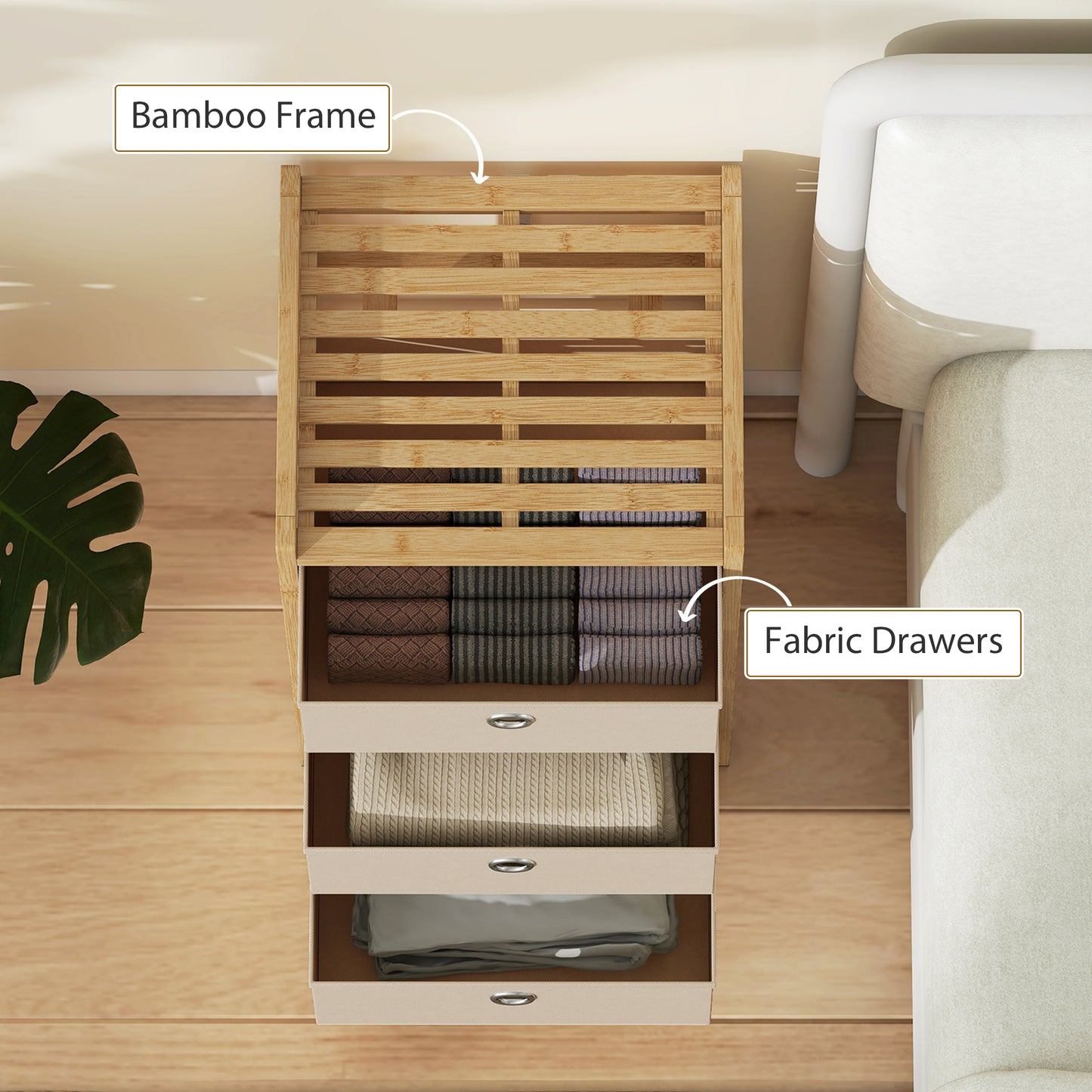 Chest of Drawers, 3 Fabric Drawers Narrow Dresser with Bamboo Frame, Cream White