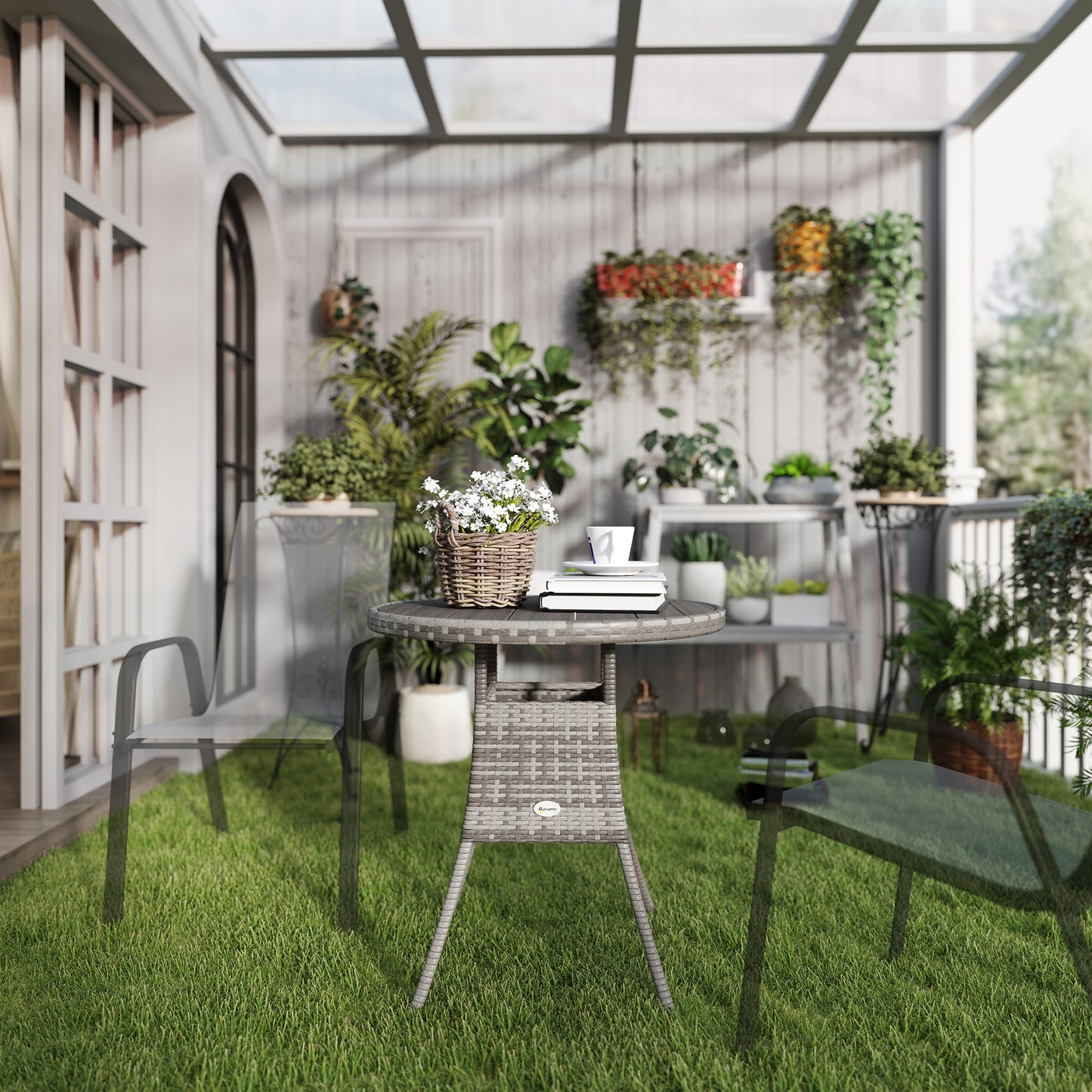 70 cm Wood-Effect Rattan Garden Table - Grey