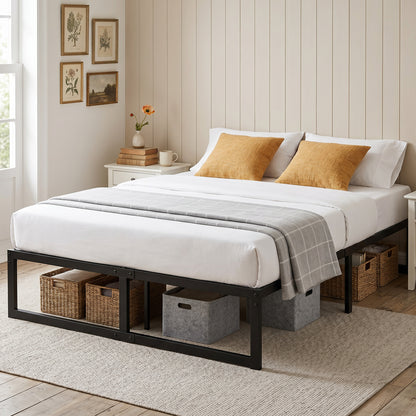4ft6 Double Bed Frame with Underbed Storage and Steel Slat Support, 32.5 cm Height, Noise-Free, Black