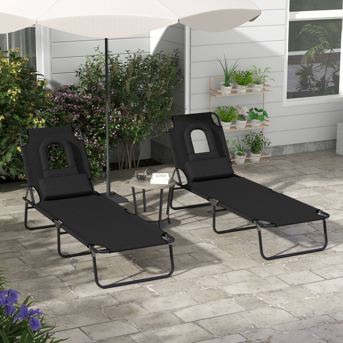 Folding Sun Loungers Set of 2 with Face Hole, 4-Position Adjustable Backrest Garden Recliner Chair Sunbed