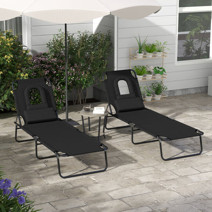 Folding Sun Loungers Set of 2 with Face Hole, 4-Position Adjustable Backrest Garden Recliner Chair Sunbed