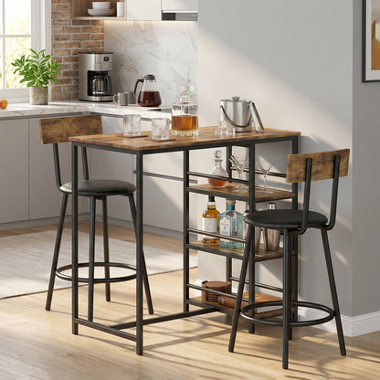 Space Saving Bar Table and PU Leather Stools for 2, 3 Piece Breakfast Bar Table Set with Storage Shelves, Rustic Brown