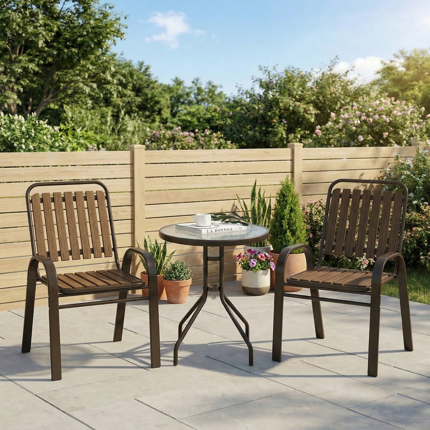 3 Pieces Patio Bistro Set with Stackable Chairs, Tempered Glass Table, for Outdoor, Balcony, Patio, Garden, Dark Brown