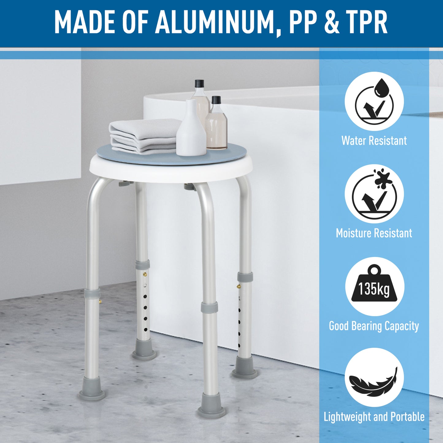 360° Swivel Shower Chair, Height Adjustable Aluminium Shower Stool with Non-Slip Feet for Disabled, Elderly, Light Blue