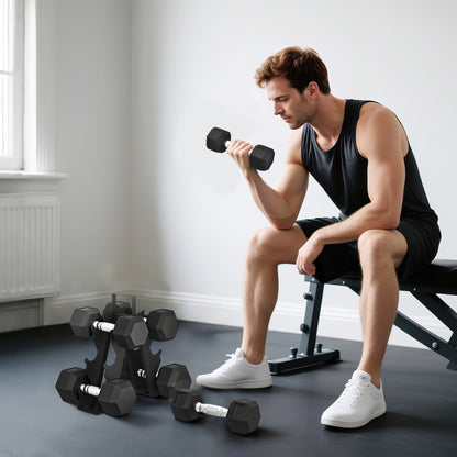 Hex Dumbbell Set with Weights Storage Rack, Rubber Coated Dumbbells, Non-Slip Chrome Handles