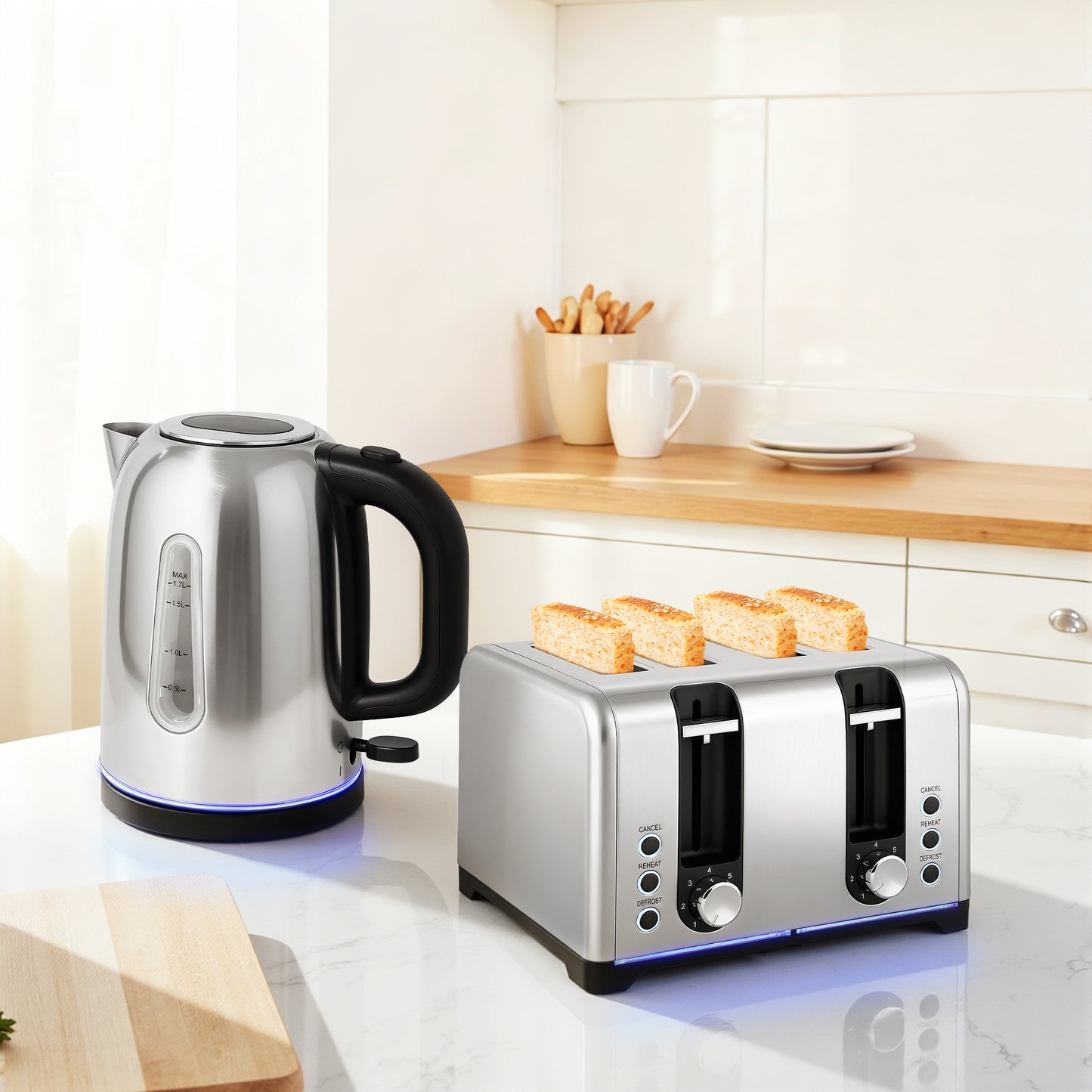 Kettle and Toaster Set, 1.7L 3000W Rapid Boil Jug Kettle with Otter Thermostat, Limescale Filter