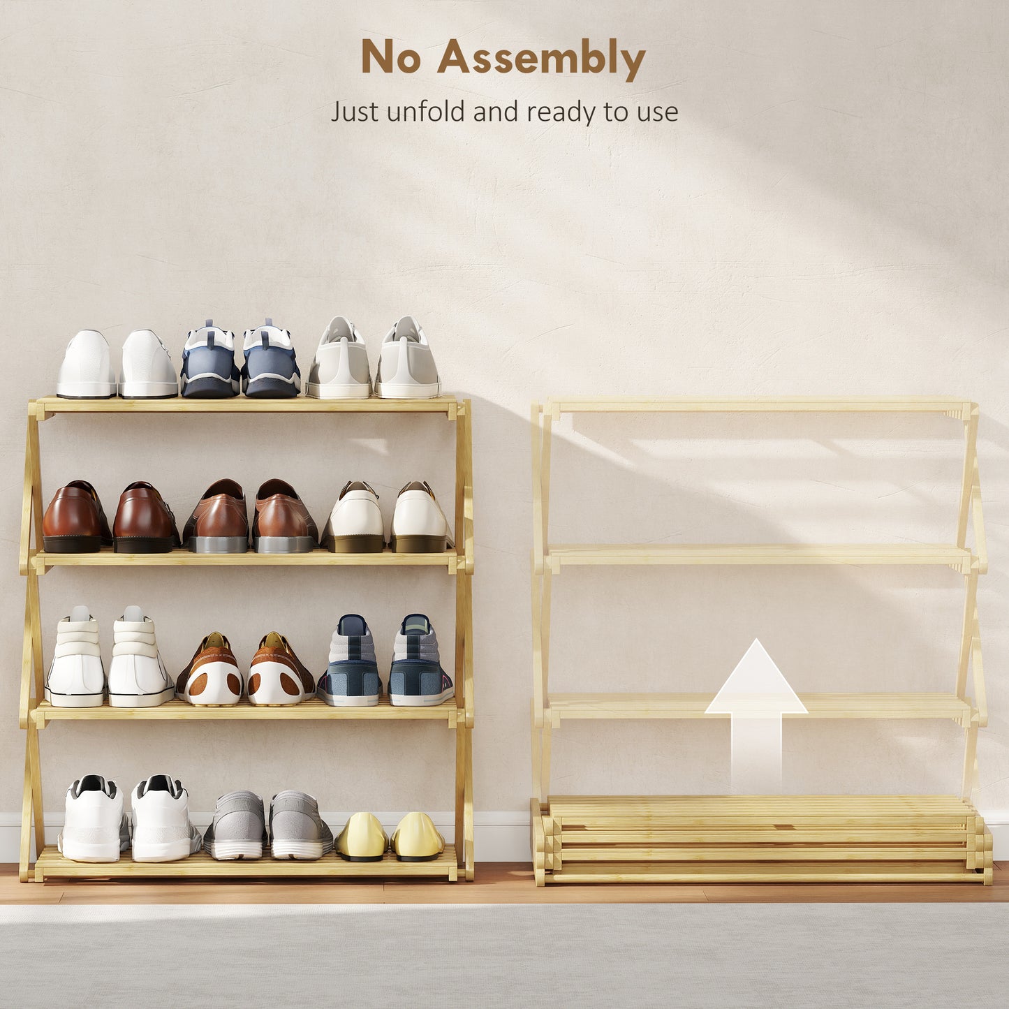 Four-Tier Folding Bamboo Shoe Rack - Natural Finish