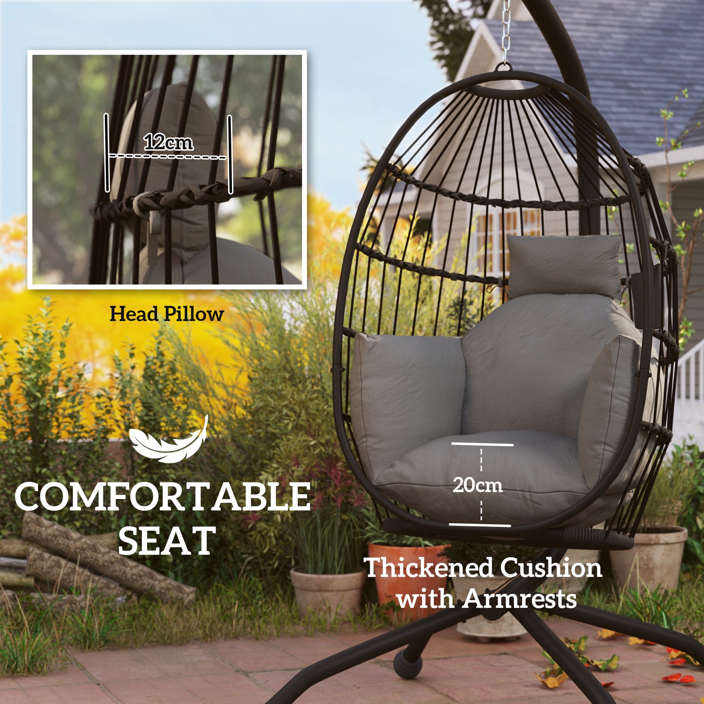 Hanging Egg Chair Outdoor Indoor Garden Swing Chair with Folding Basket and Thickened Cushion