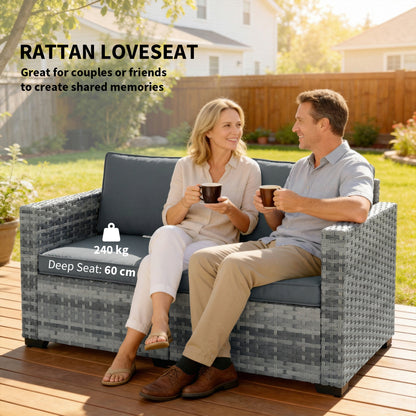 2 Seater Rattan Sofa, Outdoor Garden Sofa with Deep Seat, Cushions, Wide Armrests for Patio, Balcony, Porch, Mixed Grey