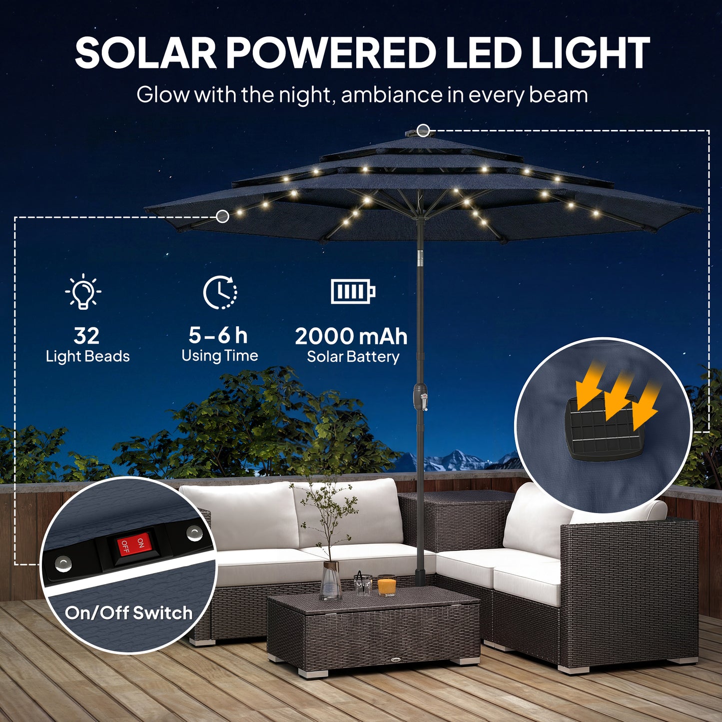 2.8 m Garden Parasol Umbrella with LED Solar Light, Parasol Cover, 3 Tier Outdoor Table Market Patio Umbrella, Navy Blue