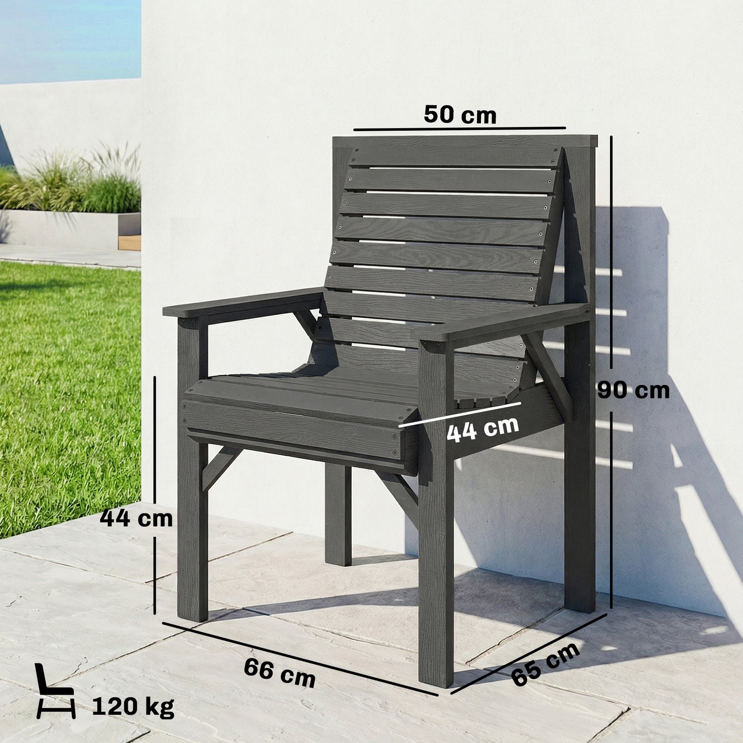 Wooden Garden Dining Chair, Outdoor Chair Garden Armchair with Curved Seat and Wide Armrests, Grey Embossed Finish