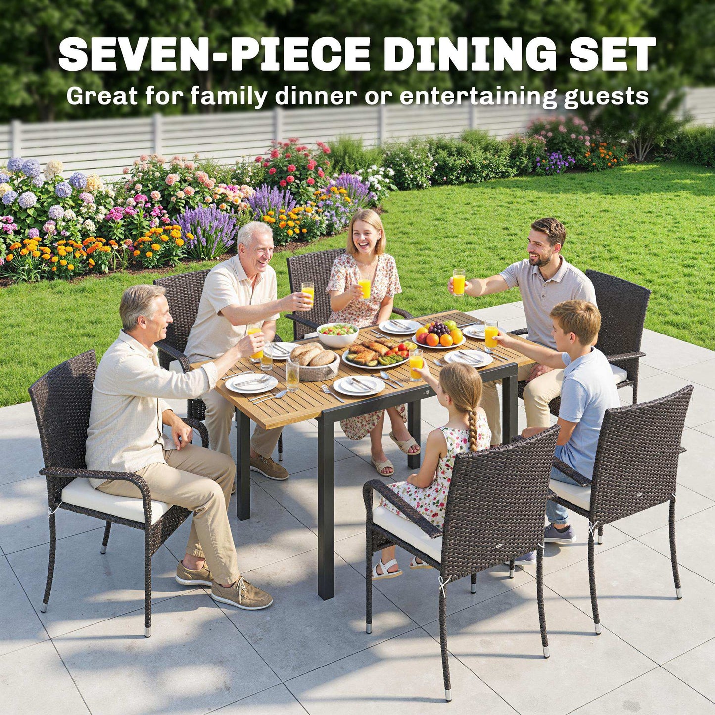7 Piece Rattan Garden Furniture Set, 6 Seater Garden Table and 6 Stackable Chairs with Extendable Acacia Wood Tabletop