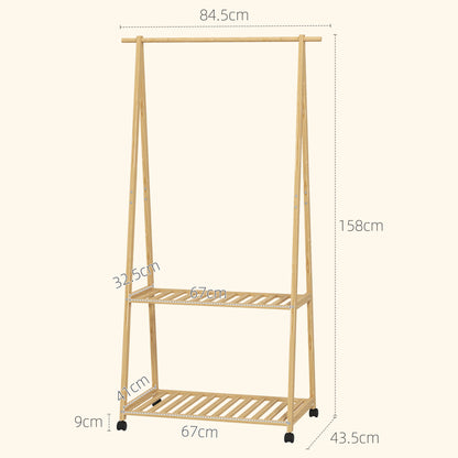 Bamboo Clothes Rack, with Shelves and Hooks - Natural Finish