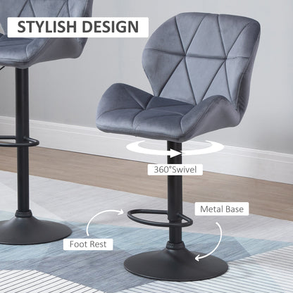 Bar Stools Set Of 2, Luxurious Velvet-Touch Barstools with Metal Frame Footrest Round Base Triangle Indenting Moulded Seat Ad