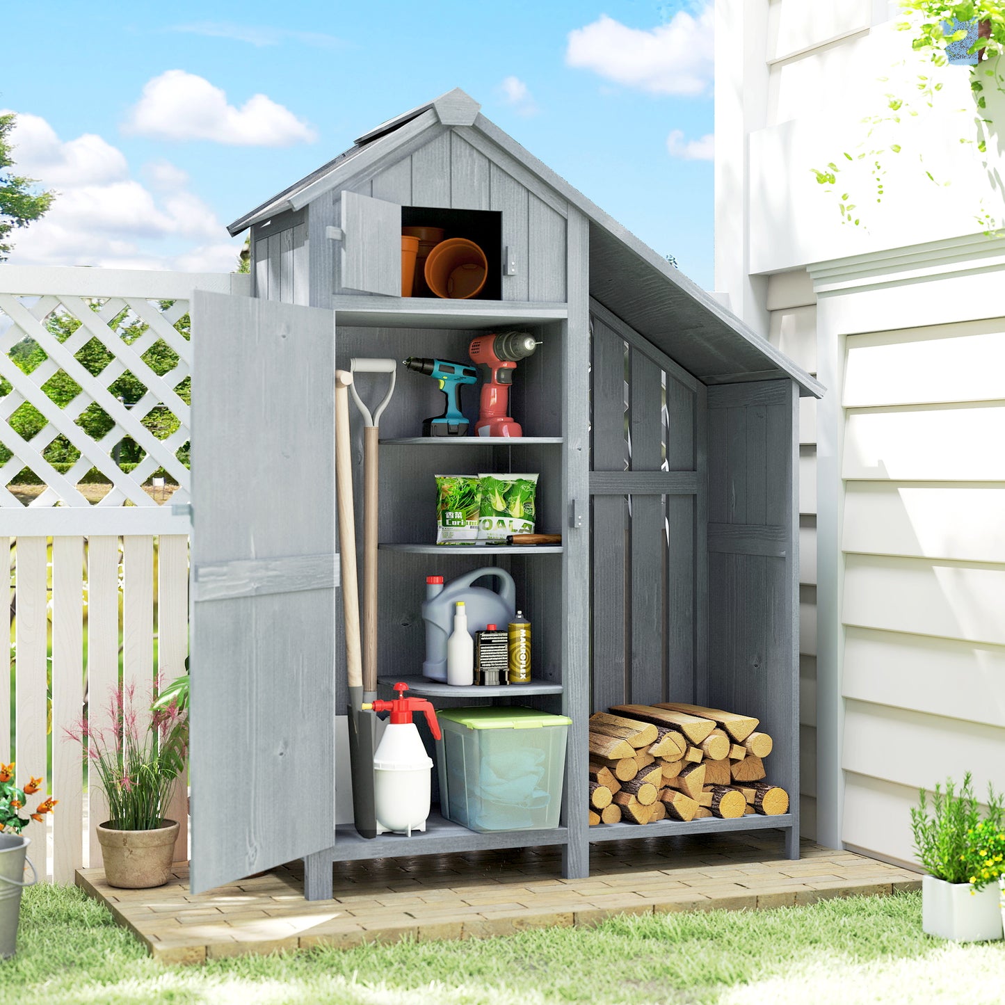 Garden Outdoor Storage Shed 3 Shelves Tilt Roof w/ Firewood Rack Log Carrier, 129L x 51.5W x 180H cm
