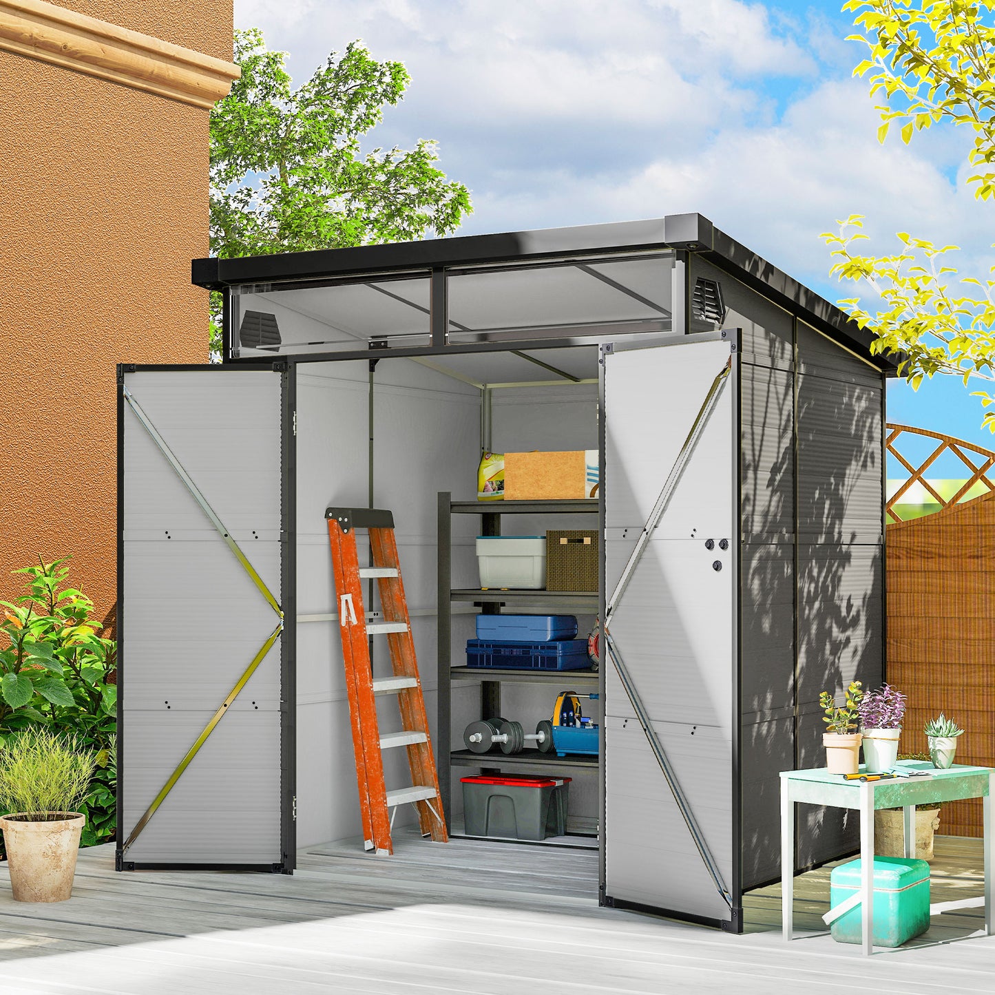 6 x 6ft Outdoor Storage Shed, Plastic Garden Shed with Windows and Air Vents, Outdoor Resin Tool Shed