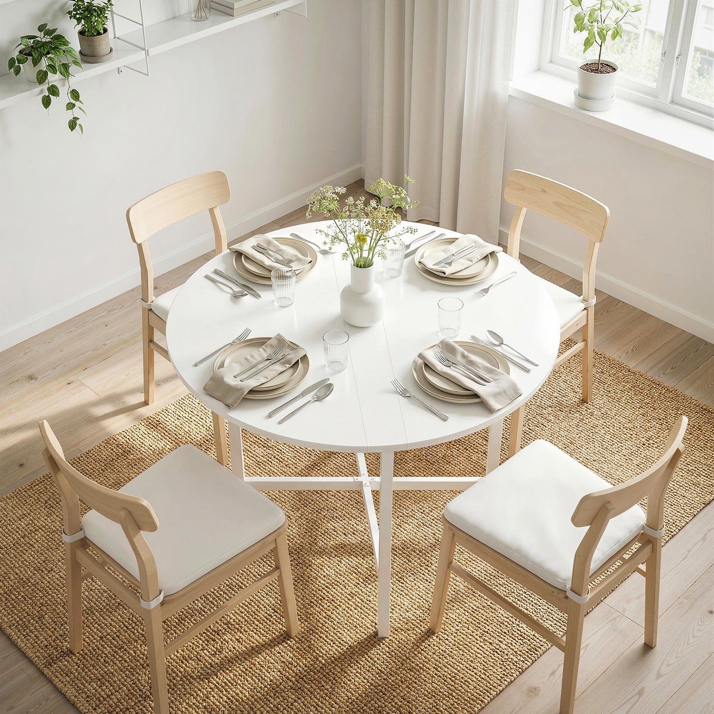 Collapsible Drop Leaf Table, Folding Dining Table for Small Spaces, Extendable Kitchen Table with Steel Frame, White