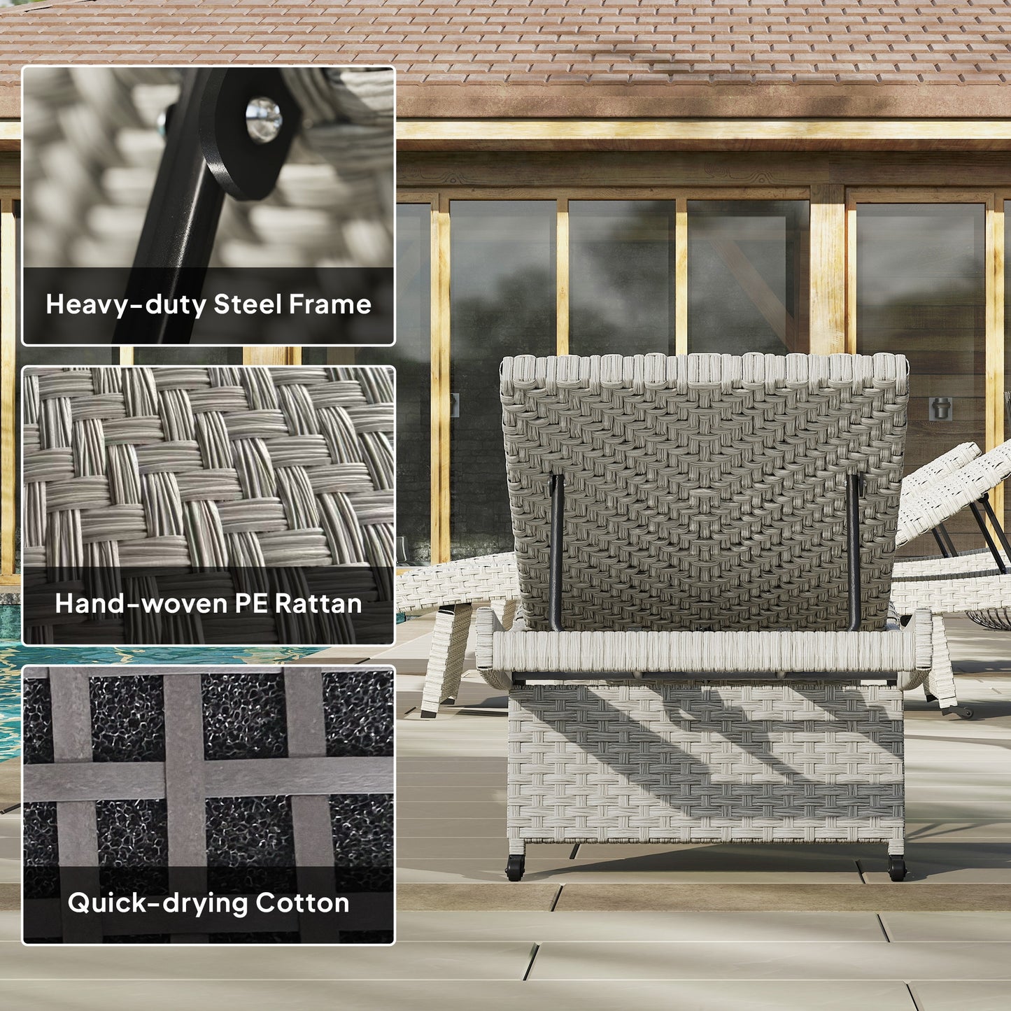 Outdoor PE Rattan Sun Lounger, Folding Wicker Garden Lounger Recliner with 4-Level Adjustable Backrest