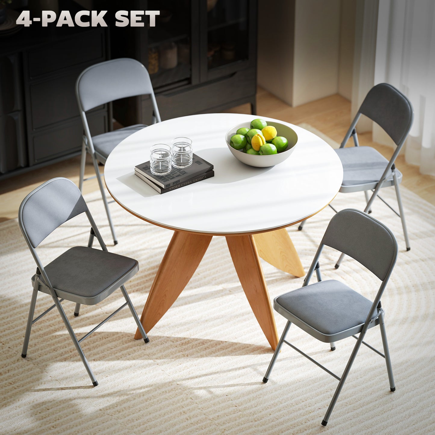 4 Pack Folding Chairs with Padded Seats, Velvet Portable Party Chairs with Steel Frame, Light Grey
