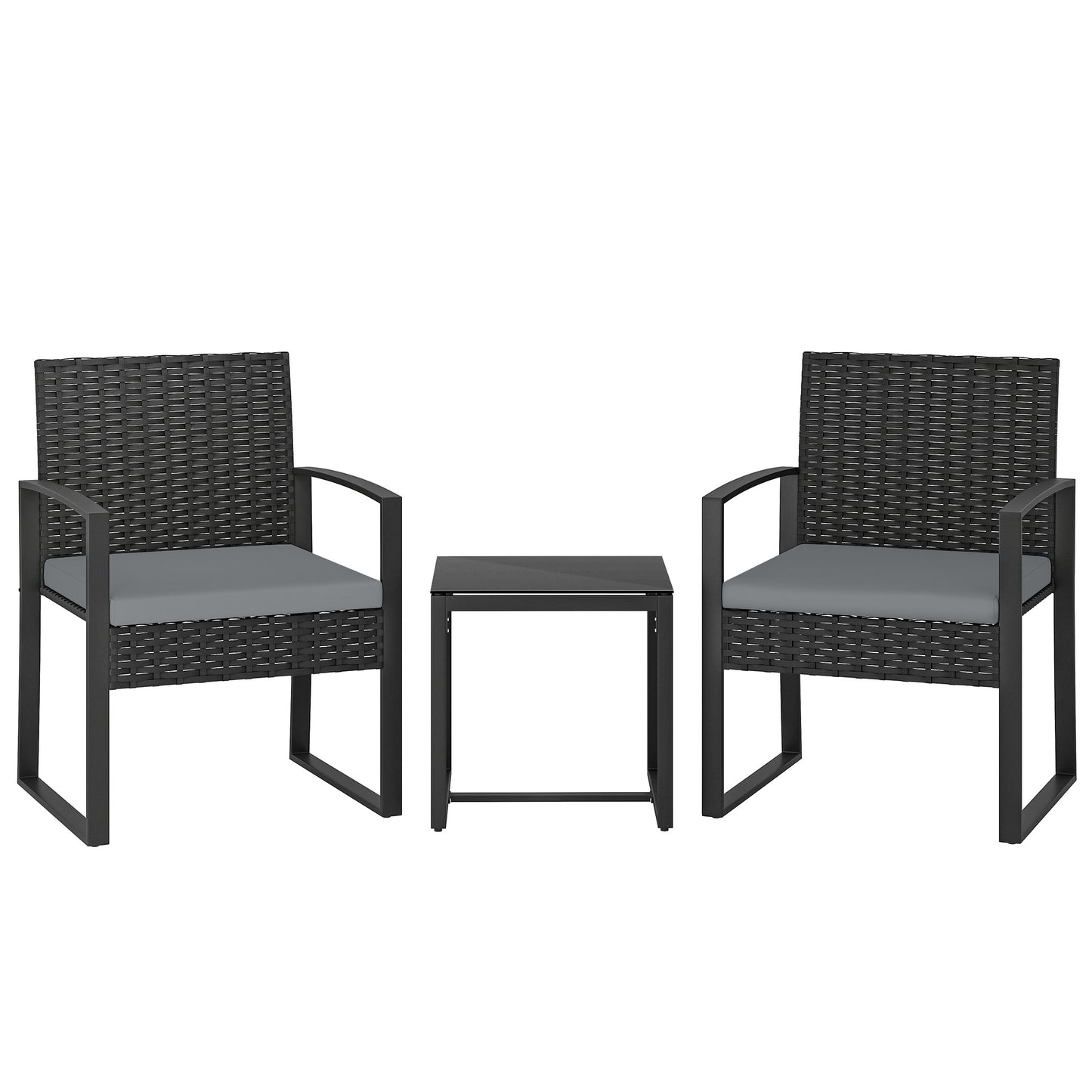 Rattan Bistro Set, 3 Piece Garden Furniture Set with Glass Top Table and Cushions, Light Grey