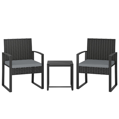 Rattan Bistro Set, 3 Piece Garden Furniture Set with Glass Top Table and Cushions, Light Grey