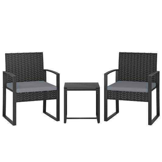 Rattan Bistro Set, 3 Piece Garden Furniture Set with Glass Top Table and Cushions, Light Grey