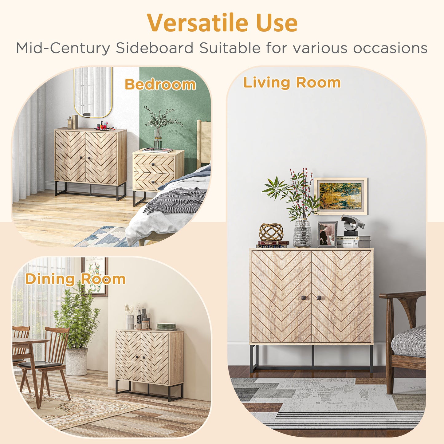MDF 2-Tier Storage Cabinet Steel Frame Handles Tabletop Unique Home Style Organiser, 80H x 80L x 29.5Wcm-Oak
