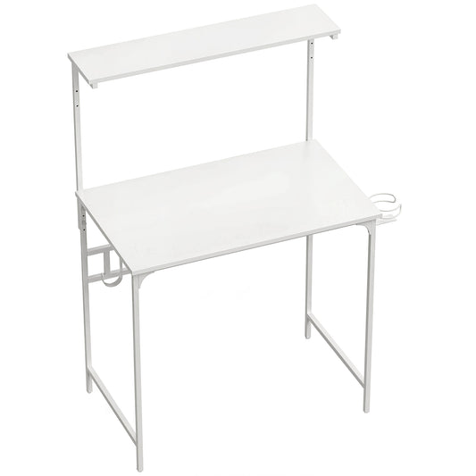 Computer Desk, 80cm Home Office Study Table with Hutch Shelf, Cup Holder, Headphone Hook, White